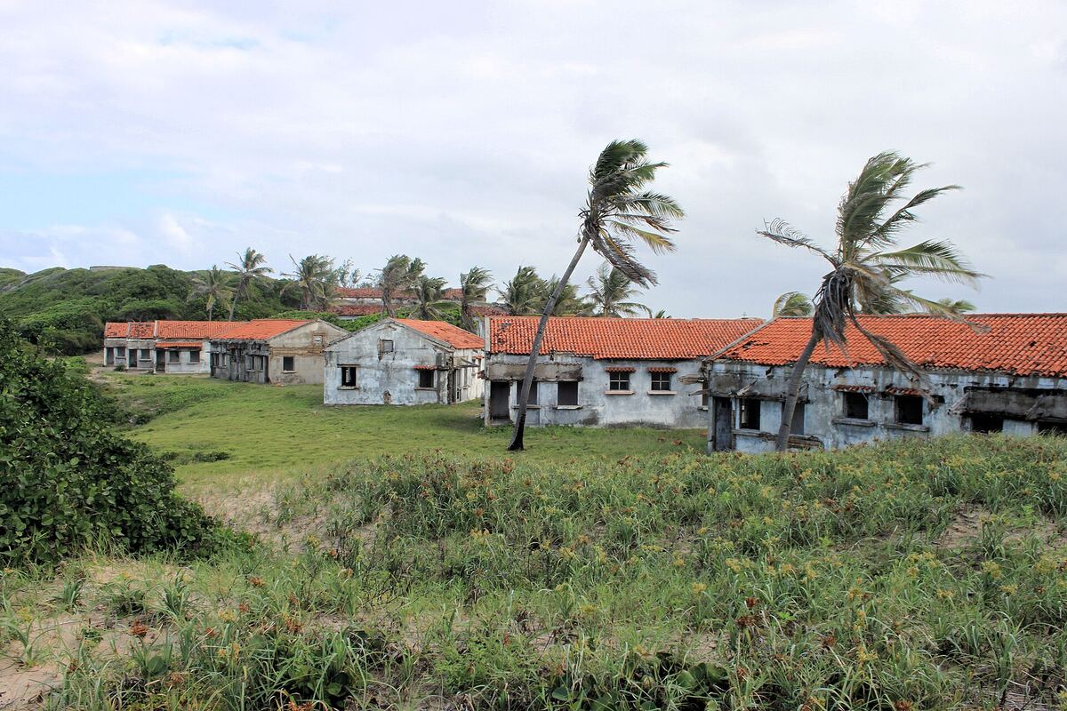 The old Pomene hotel, red roofs and wind-bent palms